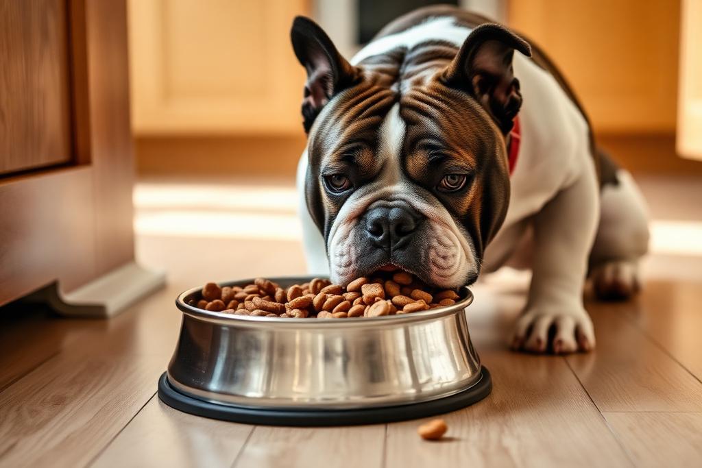 Bulldog Inglés comiendo alimento premium