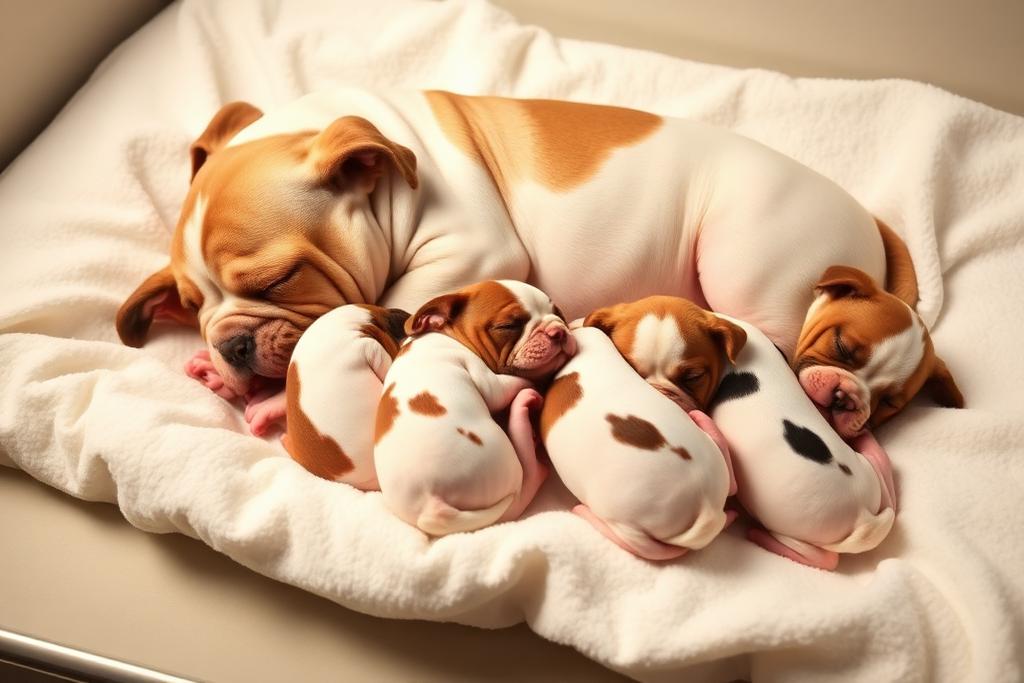 Camada de cachorros de Bulldog Inglés con su madre