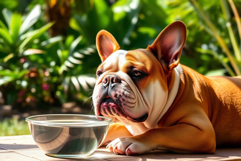 Bulldog Inglés descansando a la sombra con agua fresca