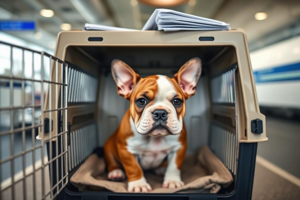 Cachorro de Bulldog Inglés listo para su viaje en guacal homologado