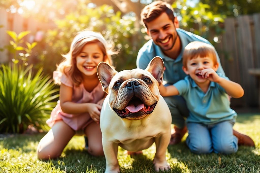 Familia jugando con su Bulldog Inglés en el jardín