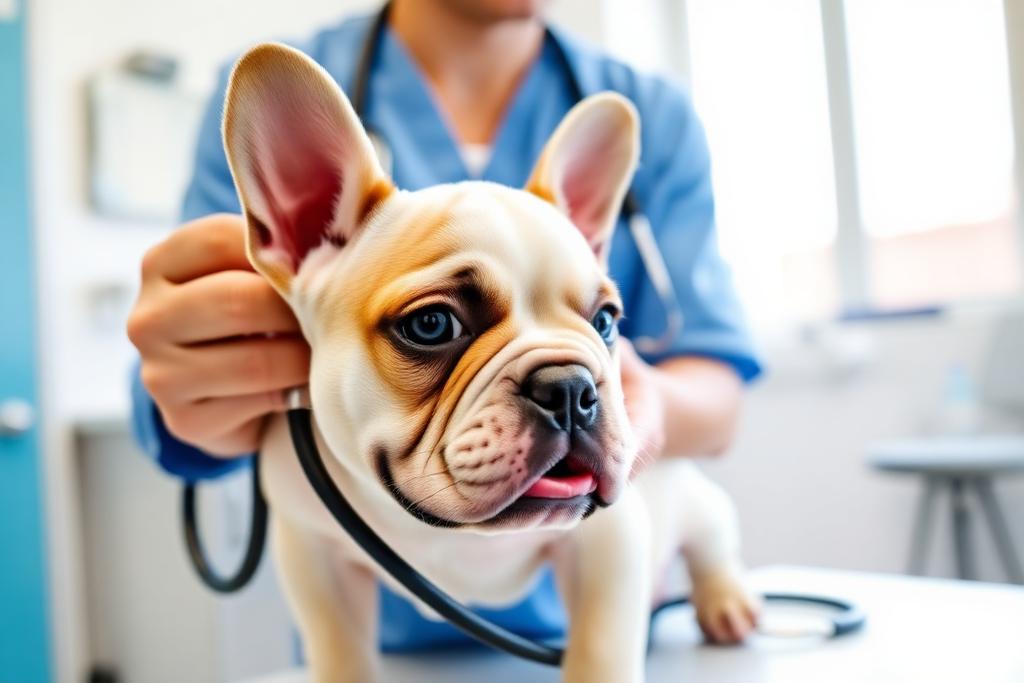 Veterinario revisando a un cachorro de Bulldog Inglés